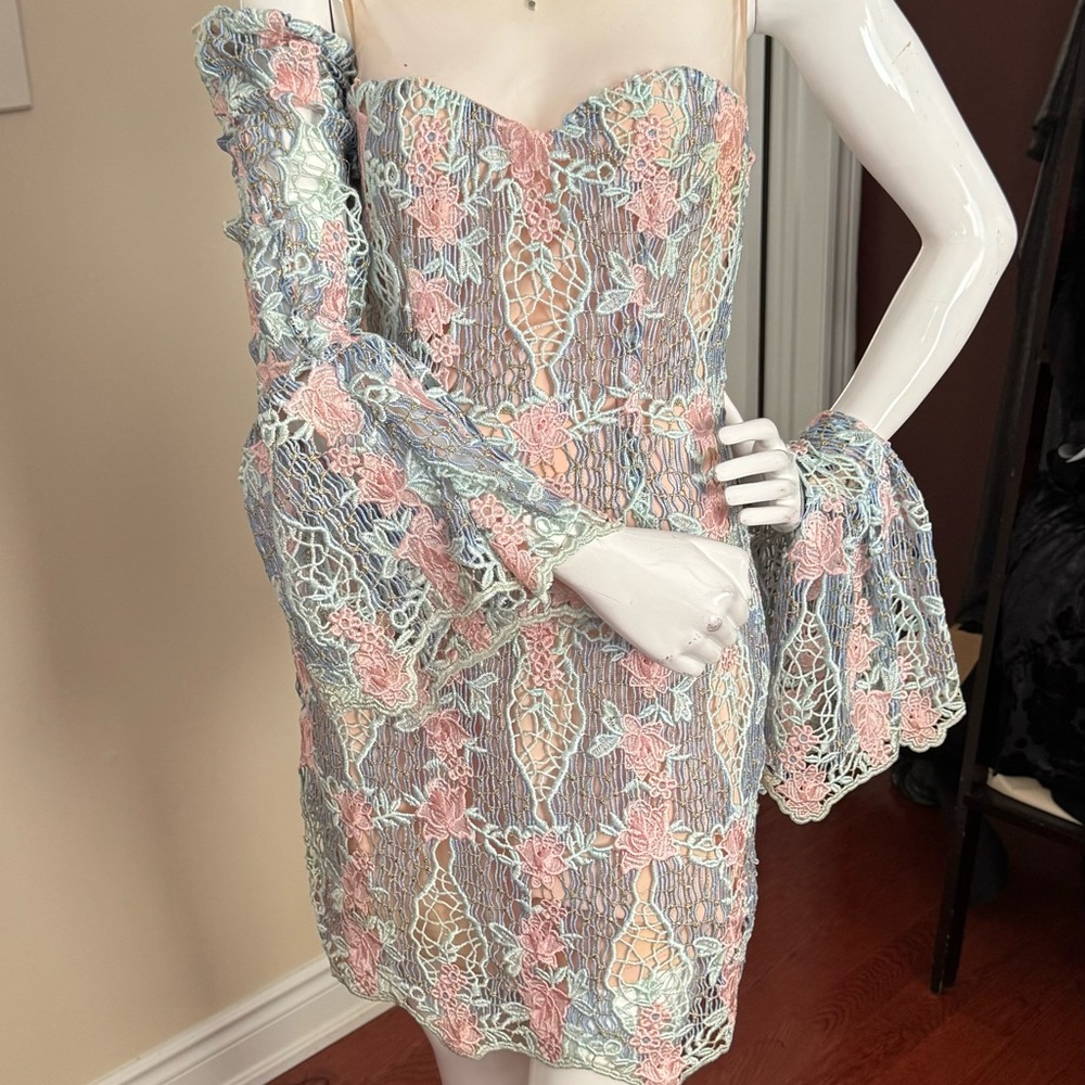 Asilio Pink and Blue Sheath Dress with Bell Sleeves